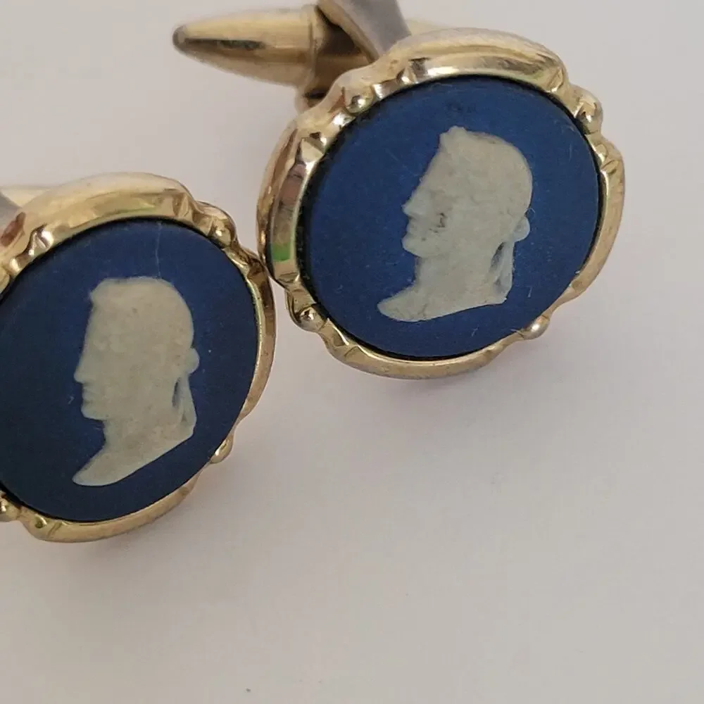 Wedgwood Jasperwear Cufflinks Set Gold Blue Tone Roman Emperor Round England